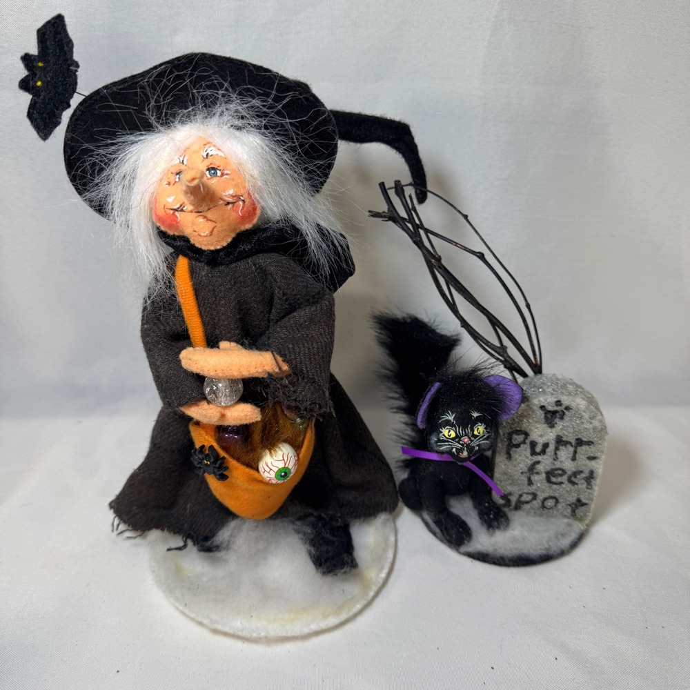 Annalee Halloween Witch and Black Cat Tombstone Decor Set 2010 75th Anniversary